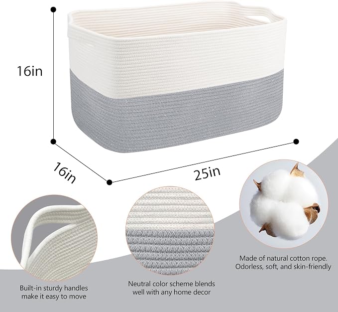 MEGASKET XXXXL Blanket Basket, 25" x 16" x 16"(108L) Rectangle Basket for Blankets Living Room, Extra Large Wicker Woven Blanket Pillow Storage Bin, Soft Kids Dog Toy Box Storage Bin Organizer
