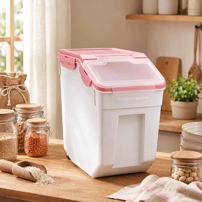 Sunnyray 4 Pcs 55 Lbs Flour Storage Container Bin,Rice Storage Containers with Wheels Seal Locking Lid, BPA Free with Measuring Cup Scoop for Rice Grain Pet Food Flour (Pink)