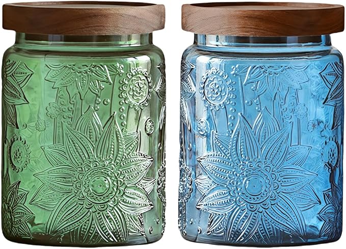 2 Pack Vintage Glass Storage Jars, 23.7 oz Green & Blue Sunflower Canisters | Airtight lids, kitchen organization, coffee beans, tea, sugar, candy, oatmeal, flour, cookies, pet treats, laundry detergent