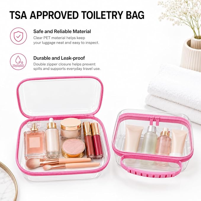 3 Pack Deep Clear Hard Shell Zipper Cases with Handle (Pink) | Travel Toiletry Bag, Waterproof 1.2mm PET Hard Plastic Pouches, Organizer Box for Makeup, Toy, Snack, Stationery, Diaper
