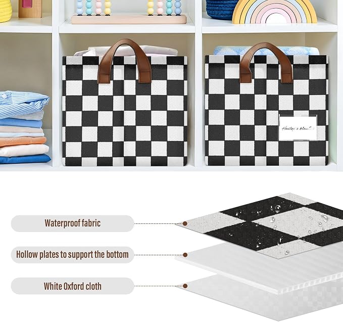 Black and White Checkered PlaidStorage Bins for Shelves with Labels&Handles Fabric Organizer Bin Foldable Rectangle Storage Basket Boxes for Closet, Bathroom, Home, Living Room