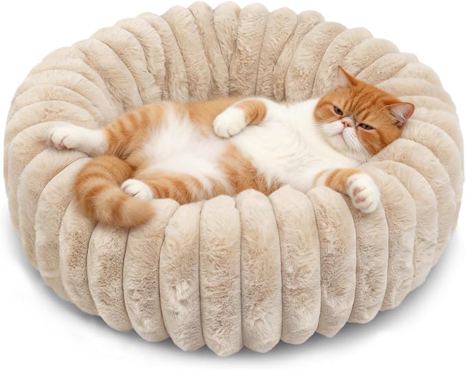 Small Pet Bed for Indoor Cats and Puppy - Washable Donut Extra Small Dog Beds for Small Dogs with Anti Slip Bottom, Fluffy Calming Round Bed for Puppy & Kitten Cozy Sleep, Beige, XS -19 Inch
