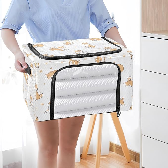 Cute Pets Dogs White print Under Bed Storage Containers with Double Zipper Openings, Foldable Clothes Storage Bins with Clear Window and Handles for Bedding Comforters Blankets