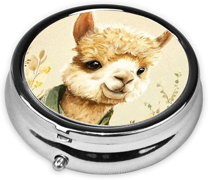 Cute Alpaca Plant Green Portable Pill Organizer | 3 Compartment, With Mirror, For Men Women, For Daily Supplements, Vitamins, Fish Oil, Jewelry, Candy, Travel