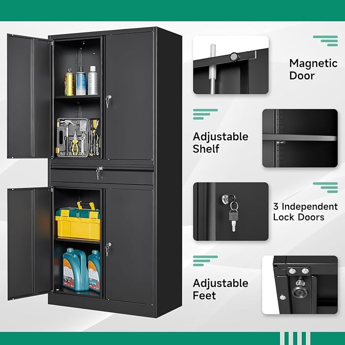 Metal Garage Storage Cabinet with Drawer,4 Door Tool Cabinet with Lock-2 Adjustable Shelves for Garage Home Office Utility Room (Black)