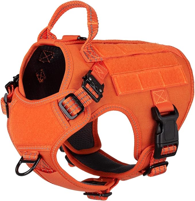 ICEFANG Tactical Dog Harness for Small Dogs,Reflective No Pull Dog Vest | with Control Handle,Adjustable,Front Hook,2 Leash Clips,Soft Padded,MOLLE Panel,Orange,Small