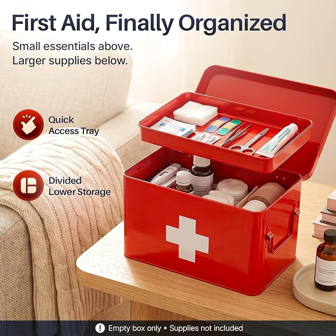 Flexzion Large Metal First Aid Box Empty, 13-Inch, Red with White Cross | Vintage Medicine Box and First Aid Storage Organizer with Removable Tray and Dividers; Empty Box Only, Supplies Not Included