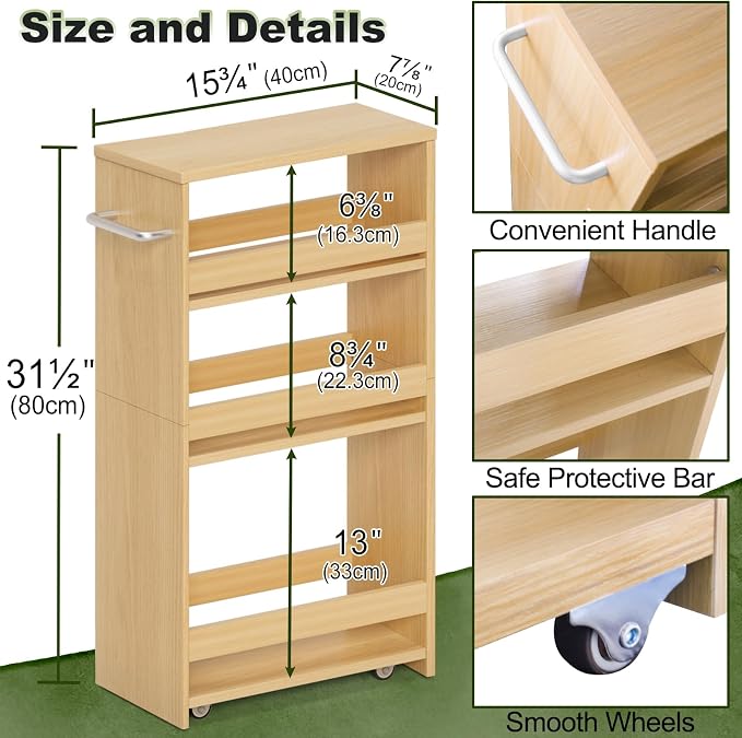 MARTY Slim Rolling Storage Cart, Wood Utility Kitchen Bathroom Laundry Cart | 4 Tier Kitchen Cart with Wheels Handle, Laundry Room Organization Between Washer and Dryer, Narrow Storage Cabinet, 8” Wide