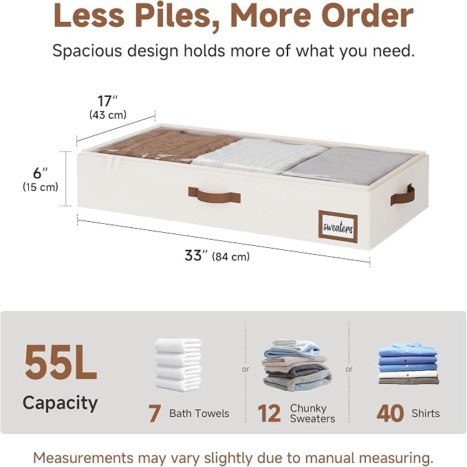 StorageWorks 6 Inch Low Profile Under Bed Storage Containers with Clear Lid | Reinforced Structure, Resists Sagging, Handles & Label Holder, Foldable Stackable Closet Storage for Clothes, Blankets, Toys