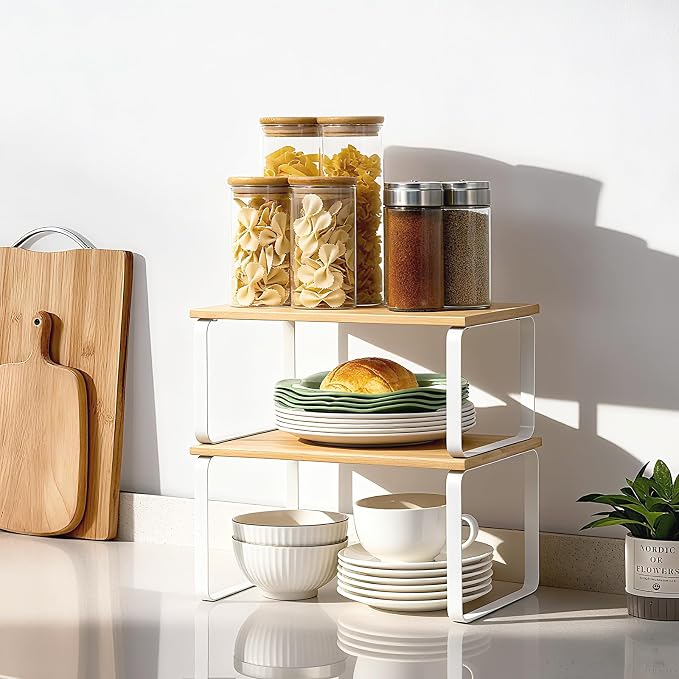 JMLHMXC Cabinet Storage Rack, 2-Piece Kitchen Countertop Shelf, Kitchen Storage Rack, Spice Rack, Stackable, Expandable - White Legs