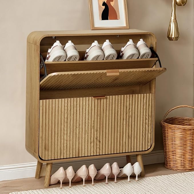 31.5" Fluted Shoe Cabinet with 2 Flip Drawers, Slim Freestanding Shoe Cabinet Organizer, Narrow Shoes Storage Rack for Entryway, Walnut