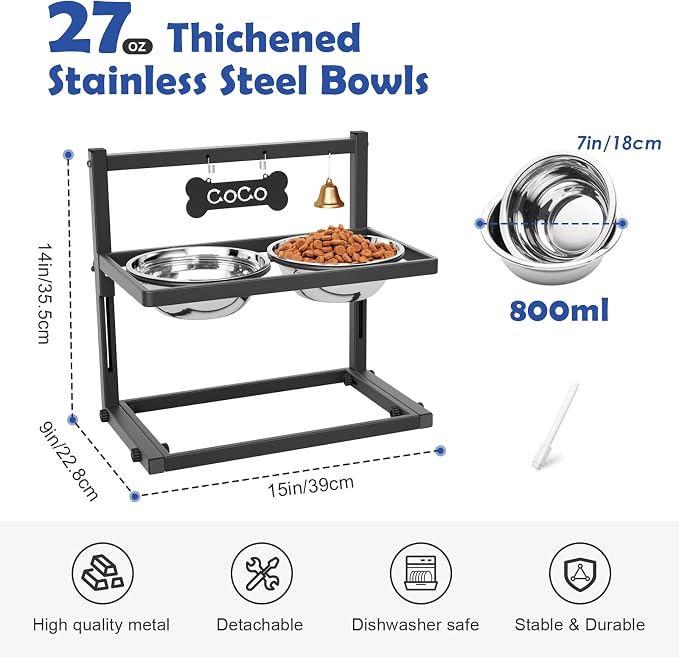 Elevated Dog Bowls for Medium and Small Dogs, 5 Height Adjustable & 2 Stainless Steel Bowls 800ml/27oz, Raised Food Dog Water Stand