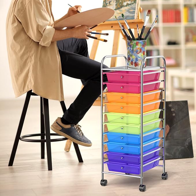 10 Drawer Rolling Storage Cart, Organization Cart with Drawers for Craft Makeup Paper Tool Art Supply, Versatile Utility Cart on Wheels for Home Office Classroom School (Rainbow)