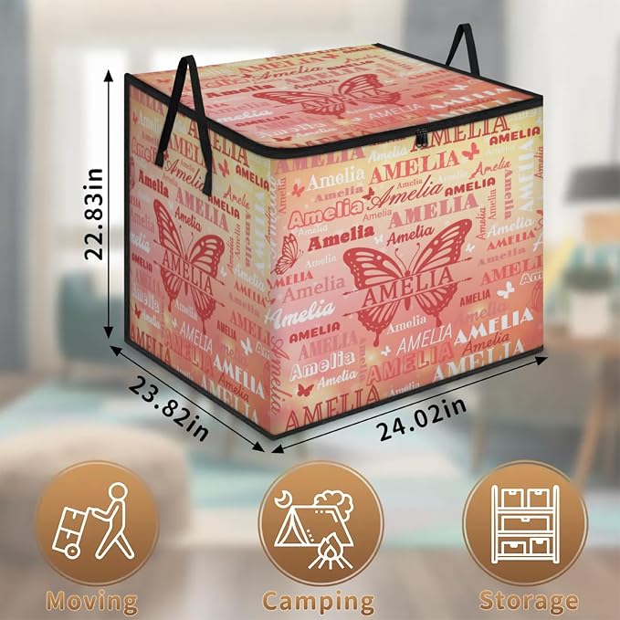 Personalized Name Foldable Storage Basket Cubes with Lid, Clothes Pet Toys Storage Bin with Handles for Shelf Home Closet Kitchen, Gradient Coral Red Yellow with Butterflies