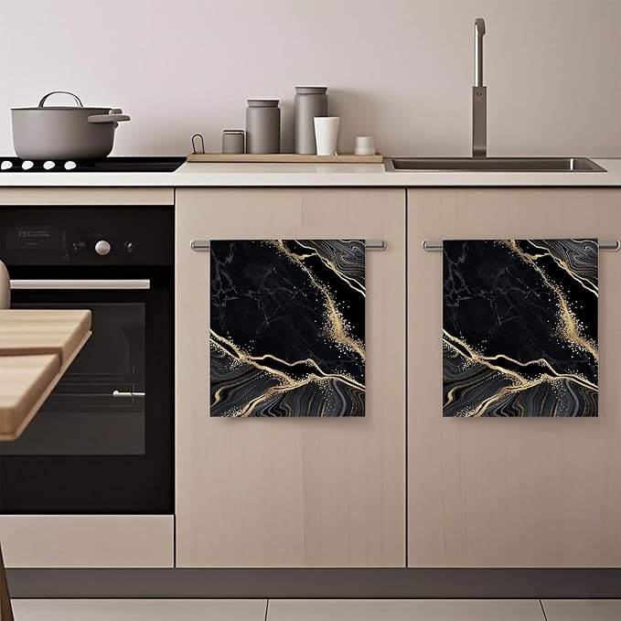 Gold Black Marble Hand Towels,Set of 2 Absorbent Bath Towel Kitchen Dish Towel Home Gym Hotel Bathroom Decor,16x24 Inches
