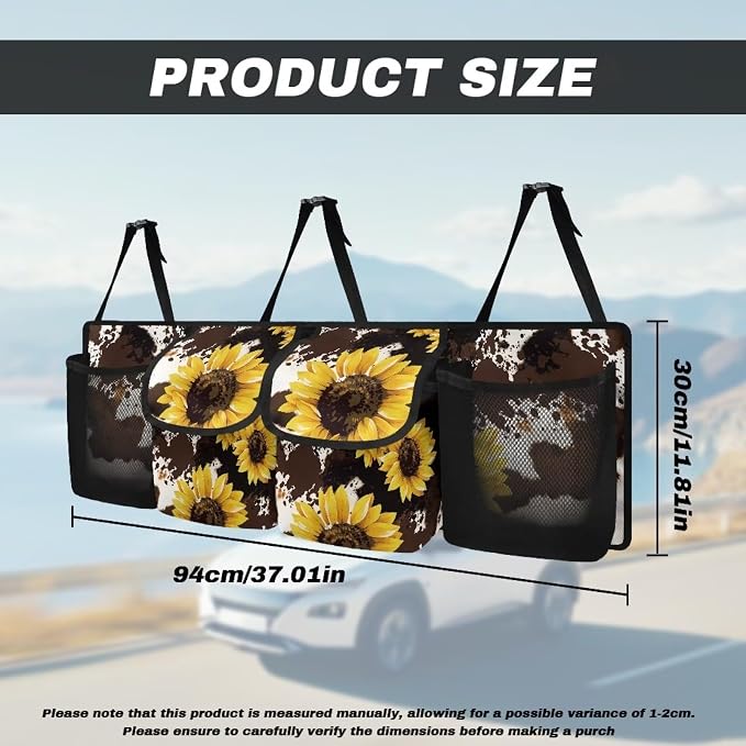 Dreaweet Sunflower Car Trunk Organizers for Women SUV Sedan Backseat Hanging Storage with 4 Large Pockets Brown Cow Print Car Accessories Interior Collapsible Trunk Organizer with Adjustable Strap