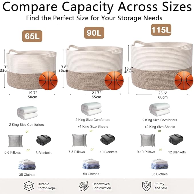 90L Woven Blanket Basket,Extra Large Laundry Basket-White & Brown | Collapsible Nursery Storage Bin with Sturdy Handles, Organizes Clothes, Toys and Pillows for Living Room, Bedroom, Bathroom