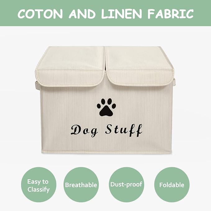 Large Storage Boxes - Large Linen Fabric Foldable Storage Cubes Bin Box Containers with Lid and Handles for Dog Apparel & Accessories, Dog Toys(BambooiBeige)