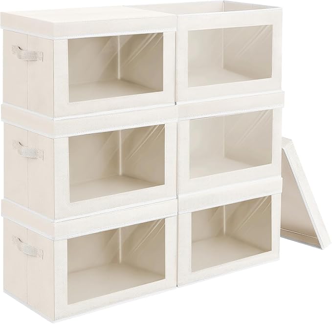 Stackable Storage Bins with Lids - Medium Storage Box with Lids, Foldable Closet Boxes for Organizing, Wardrobe Clothes Organizer with Window, Fabric Bins for Living Room, 6 Pack, Beige