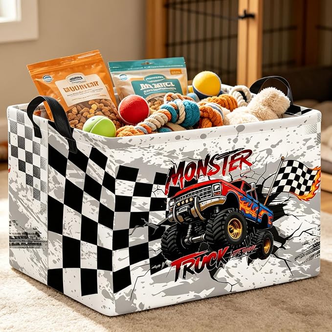 Rectangle Storage Basket with Handles,Collapsible Storage Bin,Books Box,Gift Basket(Black Race Car)