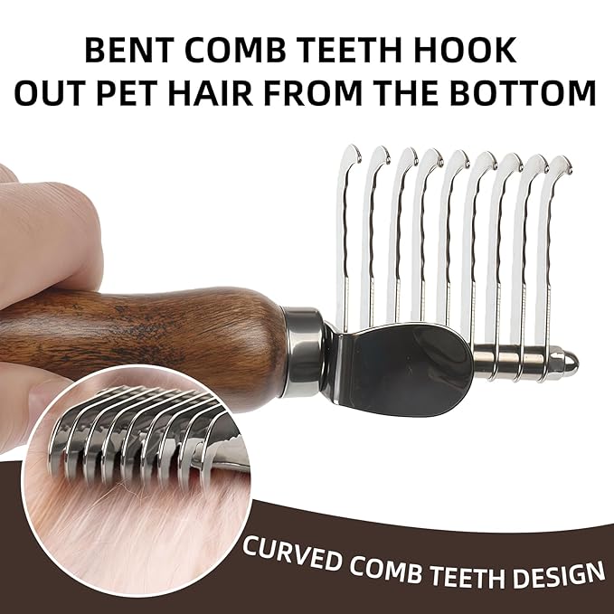 Dog Dematting Comb with Wooden Handle Stainless Steel Safety Blades Dog Dematting Fur Rake Brush Pet Grooming Tool for Long Haired Dogs&Cats Remove Loose Hair Undercoat Mats Knots Tangles