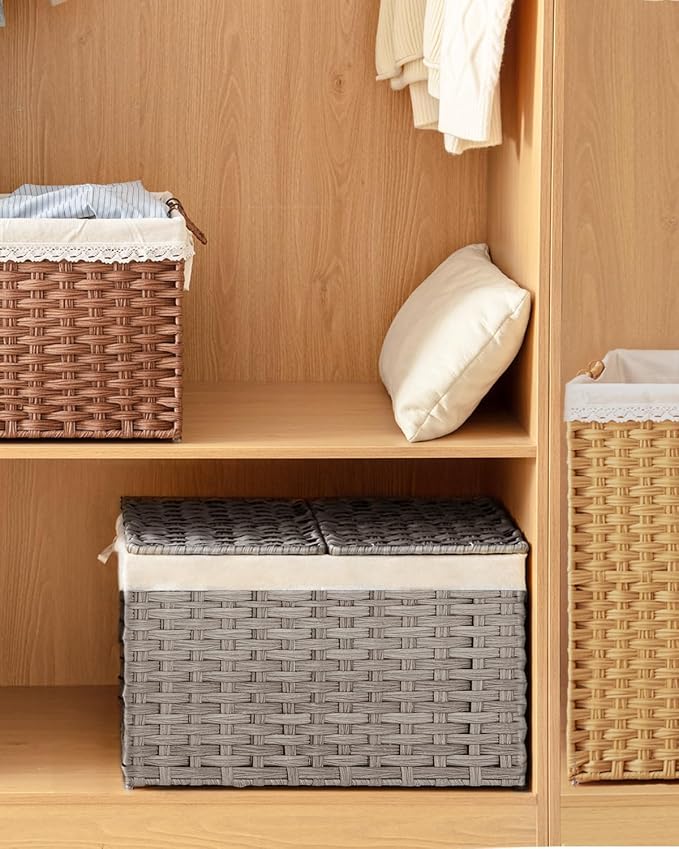 SETVSON Storage Basket with Lid PE Rattan 27.8 Gal Wicker Chest, Gray | 105L Woven Wicker Baskets with 2 Separate Lids, 2 Removable, washable linings, Sturdy Iron Frame, 25.2 x 15.4 x 16.1 Inches