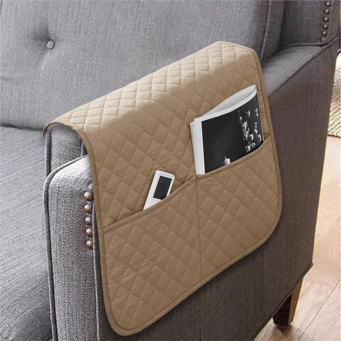 Armrest Covers Arm for Chairs Couch Sofa Armchair Slipcovers Recliner Organizer Non-Slip Chair Bedside Storage Caddy Holder 2 Pockets Magazines Waterproof(Khaki)