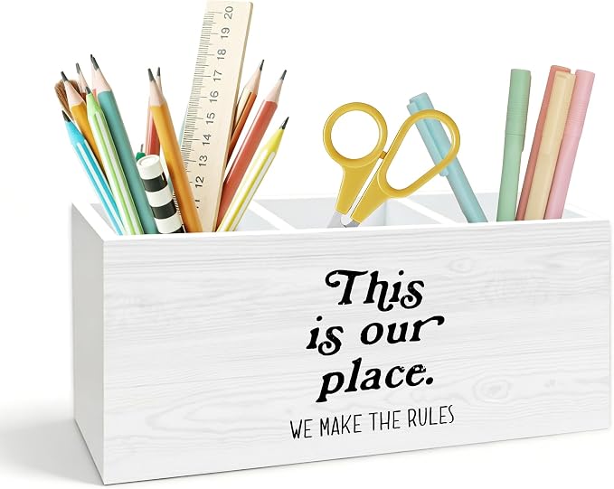 Funny Pen Holder for Desk, This Is Our Place We Make the Rules Wooden Box Pencil Pen Holder Organizer for Home Office Desk Accessories, Housewarming Gifts