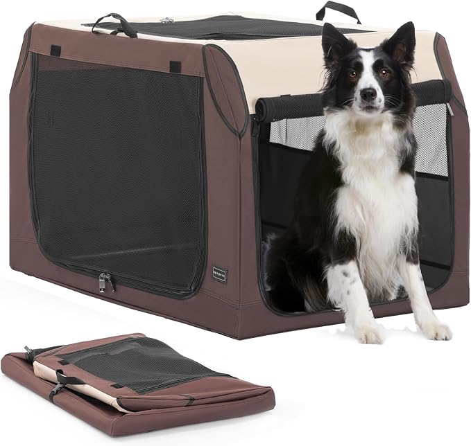 PETSFIT Portable Dog Crate, Soft Sided Dog Crate - 36 Inch Sturdy Adjustable Structure, Easy to Set Up, Collapsible Dog Car Kennel, Light Tough with 3 Mesh Doors Brown