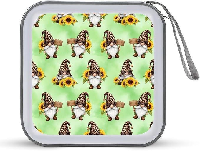 Protective DVD Case Holder Sunflower Gnomes, 40-Capacity Hard Plastic Binder with Zipper, Portable CD Organizer for Car Home