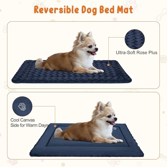EMPSIGN Dog Crate Pad for 54"x37" Dog Crate, Plush/Canvas Navy | Reversible Kennel Mat (Cool & Warm), Machine Washable, Cozy Plush Sleeping Pad, All-Season Pet Bed
