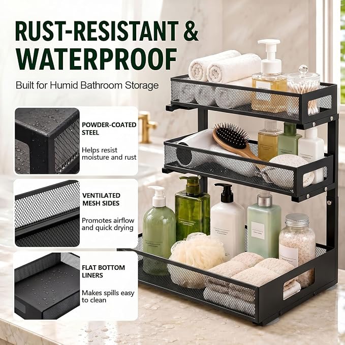 3 Tier Under Sink Organizer,2 Pack Pull Out Cabinet Shelves with Adjustable Height,Heavy Duty Carbon Steel L-Shaped Storage for Kitchen Bathroom Sink,Pantry & Laundry,Black