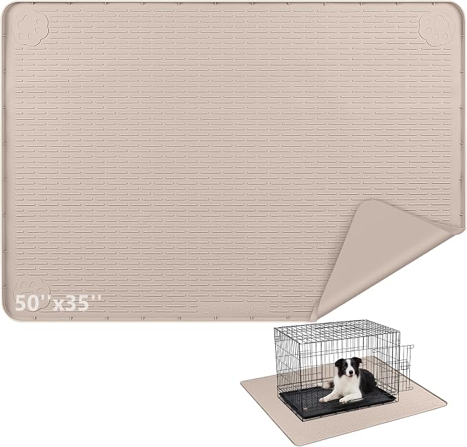 Silicone Dog Crate Mat 50"x 35" Under Dog Crate Kennel Pad Mat, Khaki | Extra Large Dog Cage Mat, Non-Slip Waterproof Dog Playpen Mat, Reusable Washable Dog Mat for Crate, Protect Floors