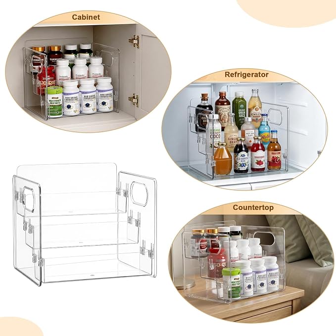 BSTKEY 3 Tier Vitamin Storage Organizer, Acrylic Organizer for Vitamin Bottles Medicine Bottle Prescription Bottles, Pill Bottle Organizer, Spice Rack Vanity Organizer for Cabinet Kitchen Countertop