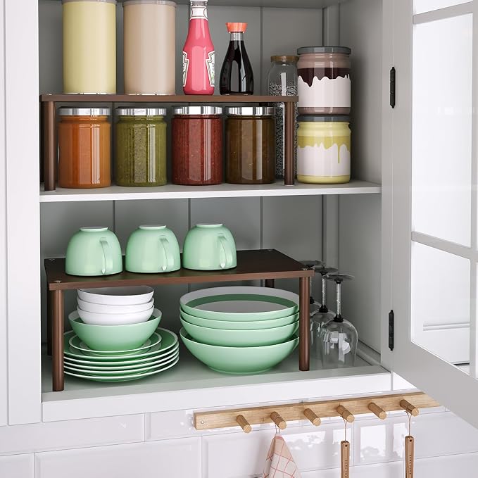 VERTORGAN 2 Pack Cabinet Organizer Shelf,Bamboo Countertop(Large,Brown) | Kitchen Counter Shelves,Spice Rack Countertop and Cabinet,Cabinet Storage,Counter Organizer,Stackable Shelves