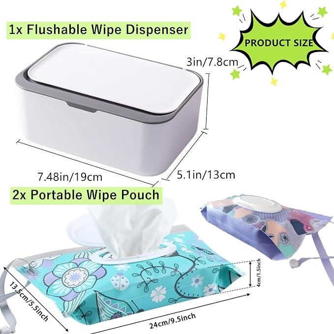 Wipes Dispenser Set,1 Wipe Box & 2 Portable Pouches,White-Grey | Refillable Reusable Large Wet Wipe Holder, Flushable Wipes Case Bathroom Wipes Container for Pet Nursery Kitchen Office