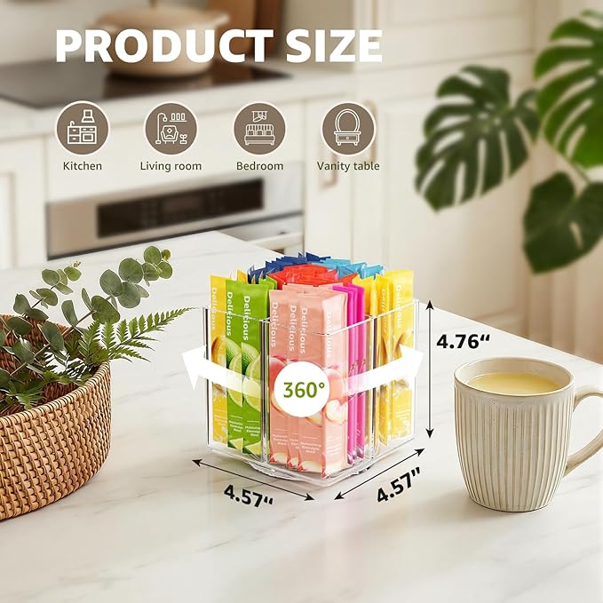 Drink Packet Organizer, Rotating Turntable Organizer with 4 Compartments | Clear Lazy Susan for Powdered Drink Mix, Water Flavor Packets, Coffee, Tea – Space-Saving Countertop Organizer