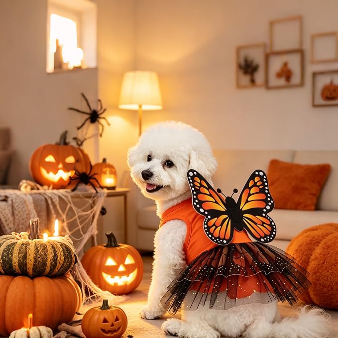 Dog Halloween Dress Costume in Non-Woven Tulle & Butterfly Wings | Puppy Clothes with Detachable Wings - Vest Princess Skirt for Small Medium Dogs Cats, Holiday Birthday Cosplay Pet Apparel XS