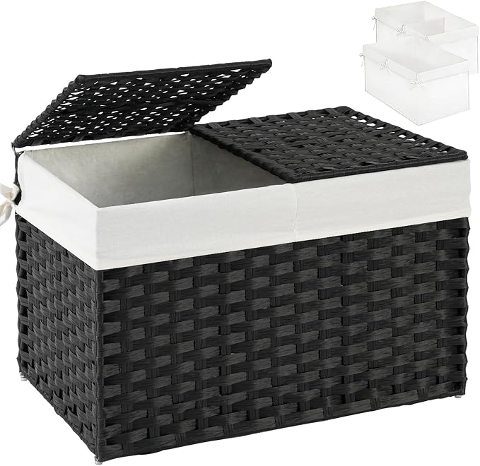 SETVSON Storage Basket with Lid PE Rattan Storage Basket 105L, Black | 27.8 Gallon Storage Bin with 2 Separate Lids, 2 Removable Liners for Clothes & Blankets, Sturdy Metal Frame, PE Rattan