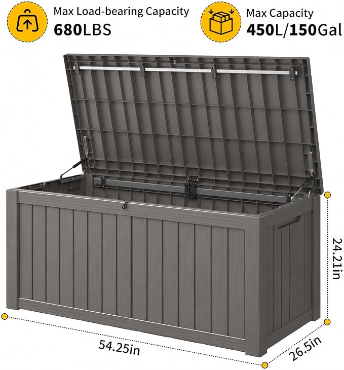 Outdoor Storage Box, 150 Gallon Large Outdoor Resin Deck Box, Storage Waterproof Boxes Lockable Lid for Garden Tools, Pool Supplies, Patio Furniture and Cushions, Grey