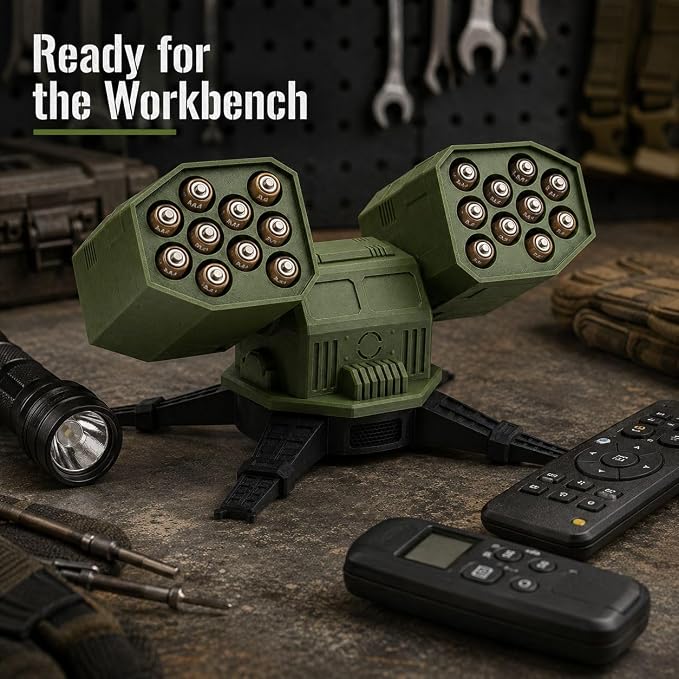 Rotatable Missile Launcher Desk Organizer - Multifunctional Pen Holder and AAA Battery Storage (Holds 20 AAA), Tactical Military Desk Accessory, Office Decor Gift for Men Geeks Gamers