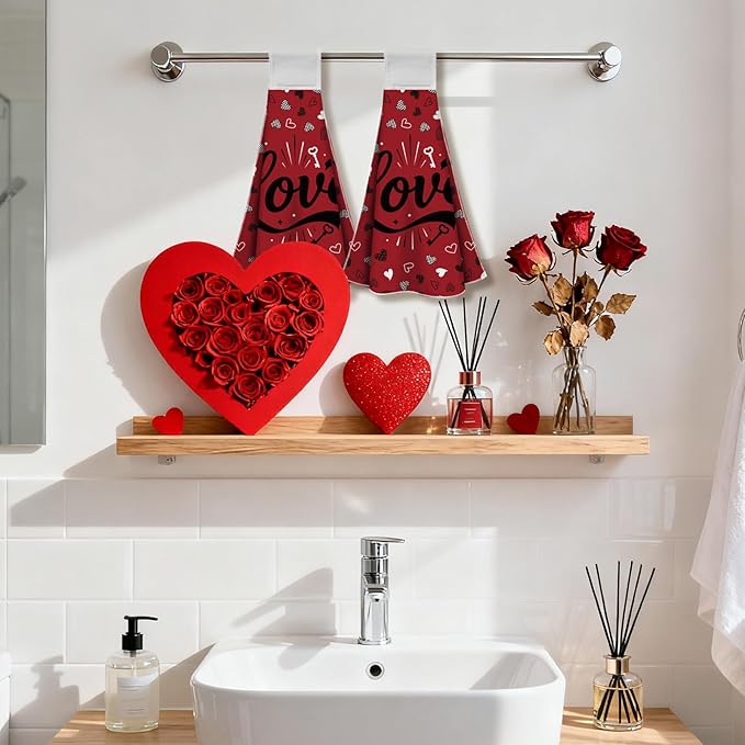 CUTHOLLOW Love Design Hanging Kitchen Towels with Loop, Set of 2 - Soft & Super Absorbent Microfiber Decorative Dish & Hand Towel, Tea, Coffee Towel for Kitchen Bathroom Oven Handle