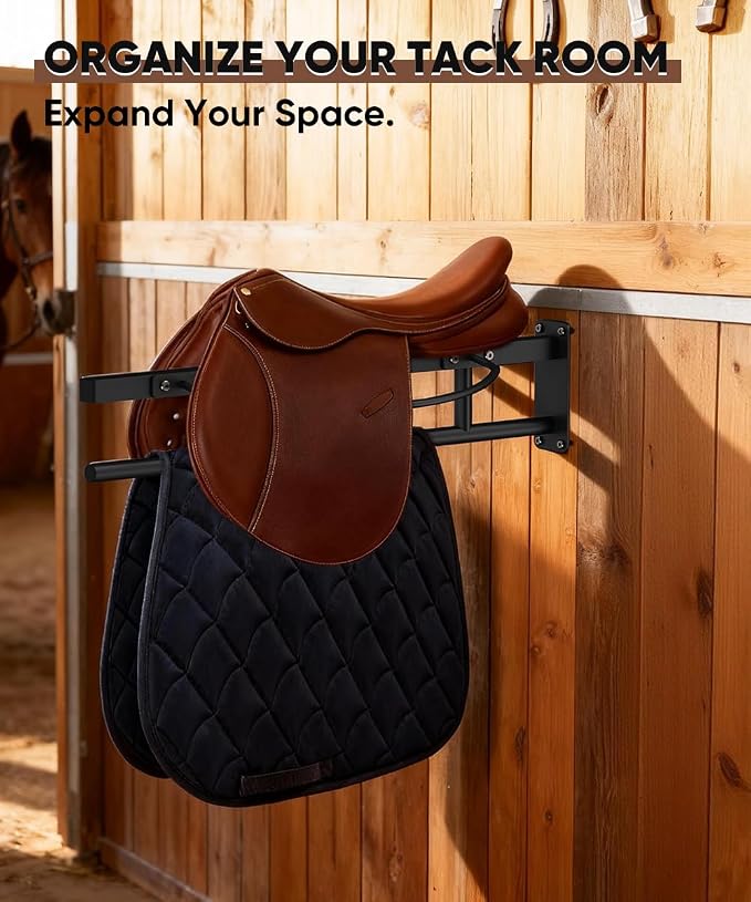 Queension Wall Mounted Saddle Rack with Pad Bar for Horses Saddles, Black | Heavy Duty Horse Saddle Stand with for English & Western Saddles, Saddle Pad Rack for Horses Blanket, Tack Storage