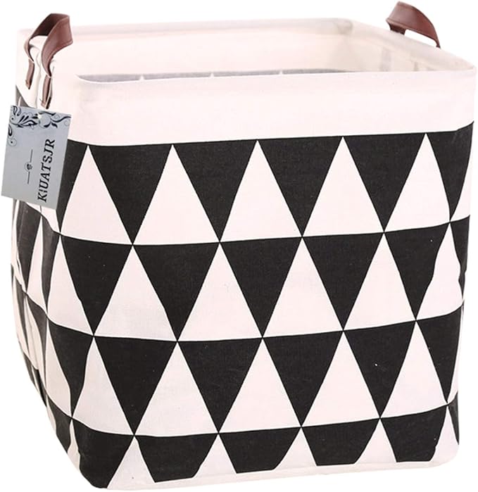 Square Canvas Toy Storage Bins Basket with Handle Collapsible Toy Organizer for Nursery Storage, Kid's Toy & Laundry, Gift Basket (Black Triangle)