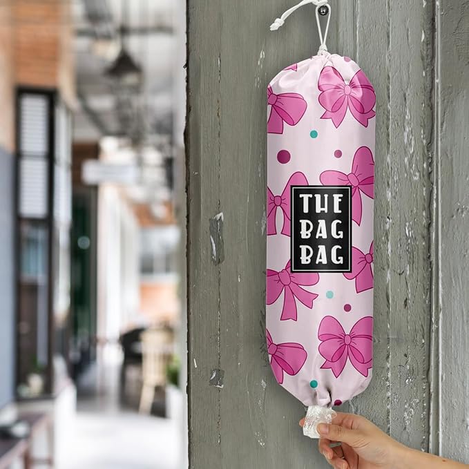 Plastic Bag Organizer,Reusable And Washable Girly Cute Style Grocery Bag organizer,for Home Kitchen Travelling Camping Decor, use 1 Pack,Pink Bow Pattern