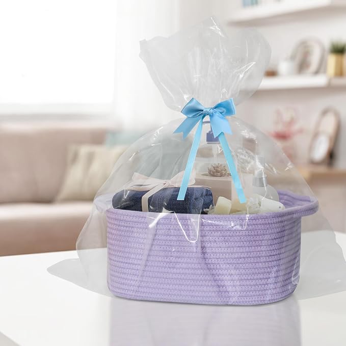 MEGASKET Purple Woven Basket, 13.5” x 10” x 6” Purple Empty Gift Basket to Fill, Decorative Cotton Rope Storage Bin for Organizing, Cute Baby Nursery Organizer, Rectangle Dog Toy Bin, Room Decor
