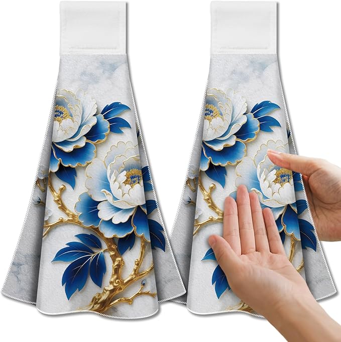 CUTHOLLOW Blue Gold-Edged Peony Hanging Kitchen Towels with Loop, Set of 2 - Soft & Super Absorbent Microfiber Decorative Hanging Dish & Hand Towel, Tea, Coffee Towel for Kitchen Bathroom Oven Handle