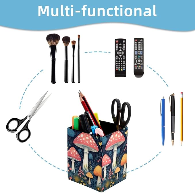 Mushroom Pen Holder for Desk Decor, Rectangular PVC Leather Pencil Cup for Desk Pen Organizer, Makeup Brush Holder for School, Home, Office