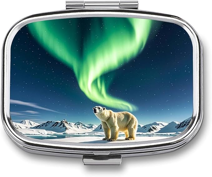 Northern Lights Polar Bear Pill Box 2 Compartment Medicine Pill Case Portable Pill Organizer for Pocket Or Purse Decorative Metal Medicine Vitamin Organizer