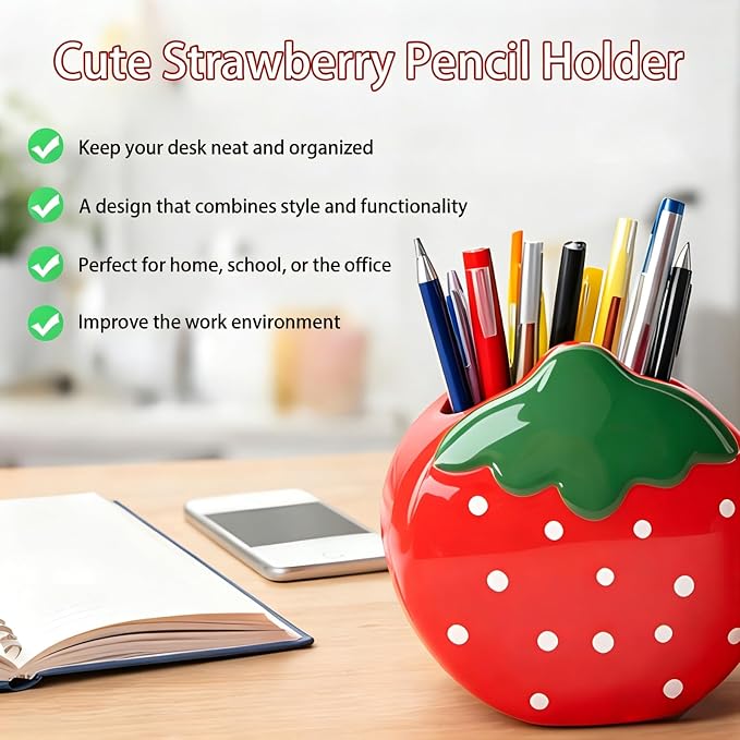 Ceramic Strawberry Shaped Pen Pencil Holder for Desk Decoration Accessories Strawberry Decor Makeup Brush Pen Cups Succulent Plant Pot Office School Ideal Gifts for Women, Mom or Birthdays
